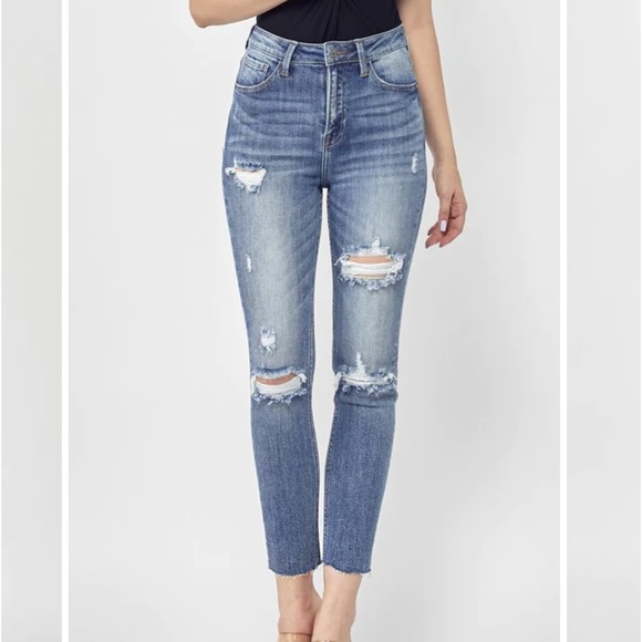 RISEN Denim - High Rise Distressed Relax Fit Skinny Jeans